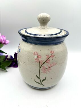 Stoneware Salt Glazed Crock, Lidded. Blue Floral Cookie Canister Pottery.